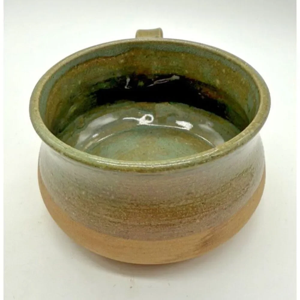 Handmade Studio Pottery Soup Mug Tallan Green Glaze Rustic Flowers Leaves Signed